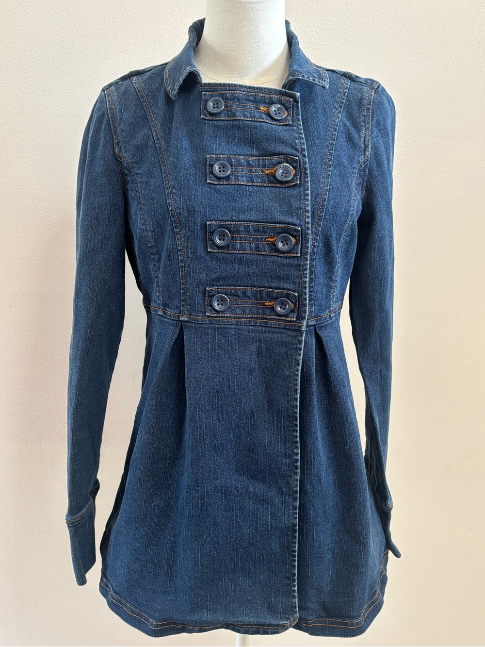 Anthropologie Tulle Denim Military Jacket Small Blue Button Front Coat
